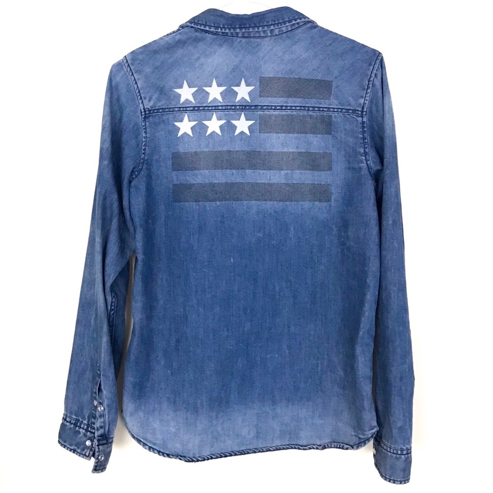 USA American flag denim blue jean button up shirt